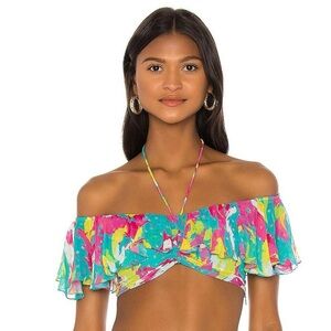 Rococo Sand x Revolve Rosa Ruffle Halter Crop Top Turquoise Floral Print XS